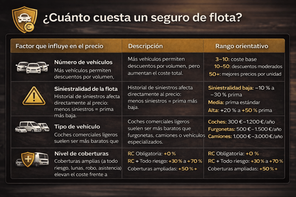 table informativa sobre el coste de un seguro de flota