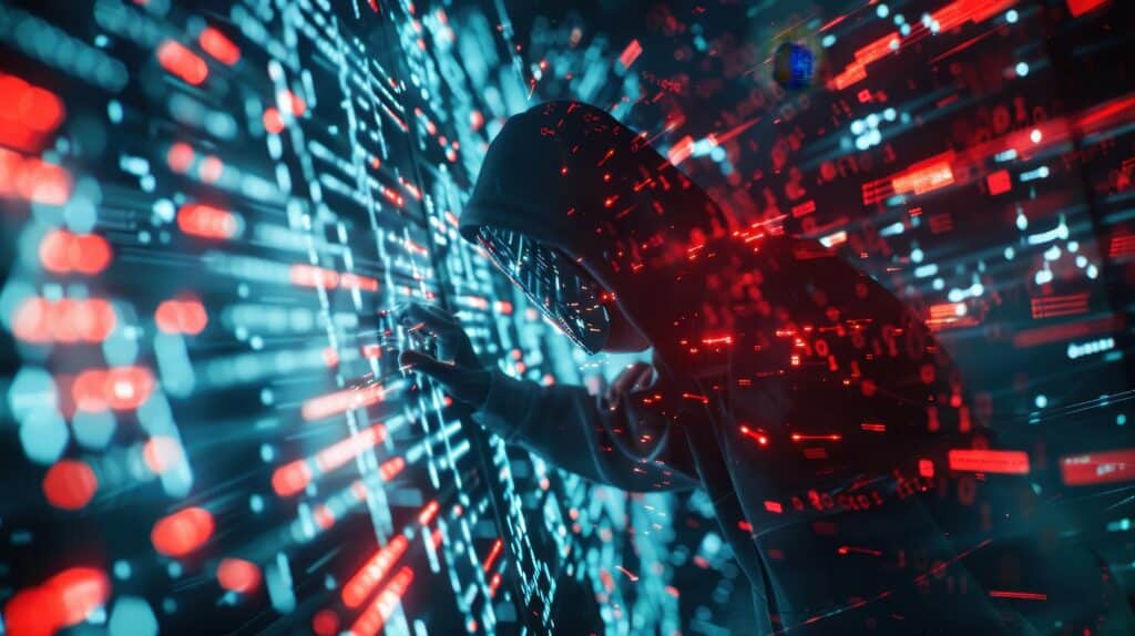 A hooded figure in front of a digital data screen represents the AI risks in business related to cybersecurity.
