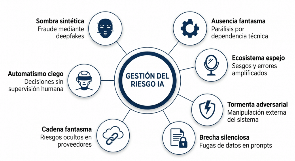 Infographic on the 7 risk scenarios in AI management for businesses: synthetic shadow (deepfake fraud), phantom absence (technical dependency paralysis), mirror ecosystem (amplified biases), blind automatism (decisions without human oversight), adversarial storm (external system manipulation), silent breach (data leaks in prompts), and ghost chain (hidden risks in suppliers).